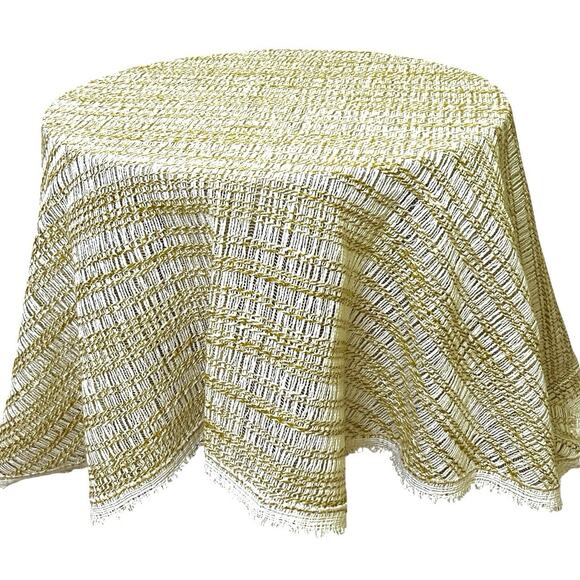 Vintage Tablecloth Open Weave Knit Round Cream Gold Octagon Sides 66” Diameter - Picture 1 of 10